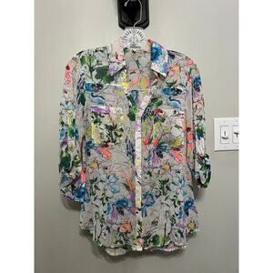 EXPRESS PORTOFINO PROFESSIONAL BUTTON UP BLOUSE DAY GLO MULTI COLOR FLORAL SMALL